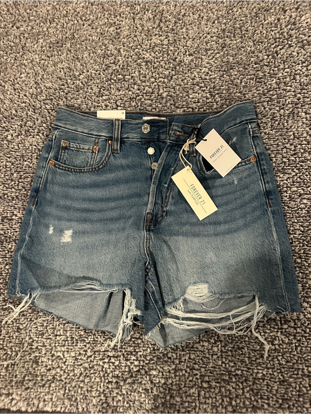Forever 21 Medium Blue Button-fly High-Rise Distressed Denim Shorts